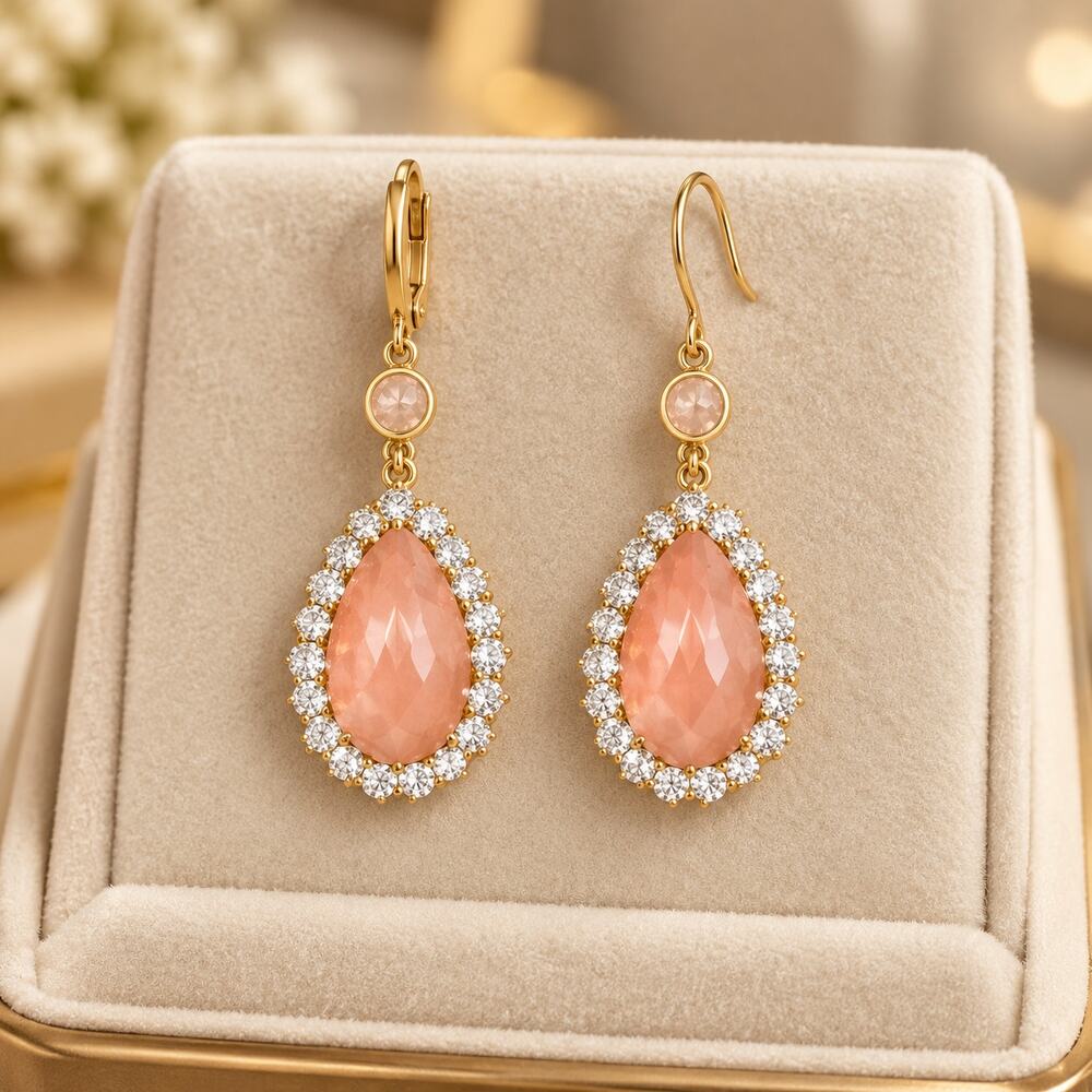 Hamada Gargoum Style Pink Opal Teardrop Dangle Earrings Halo
